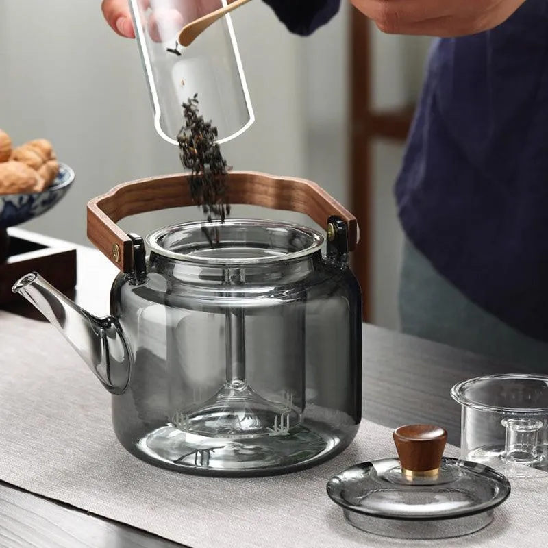 Glass Teapot Wood Handle | Smoked Glass Tea Brewing Pot