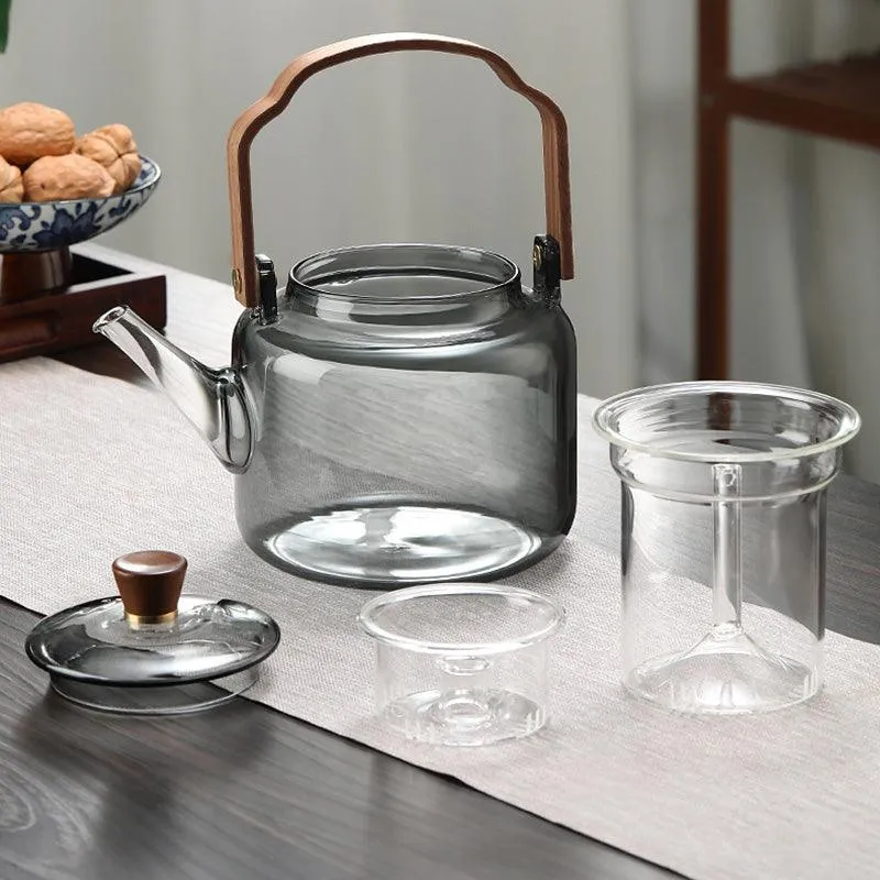 Glass Teapot Wood Handle | Smoked Glass Tea Brewing Pot
