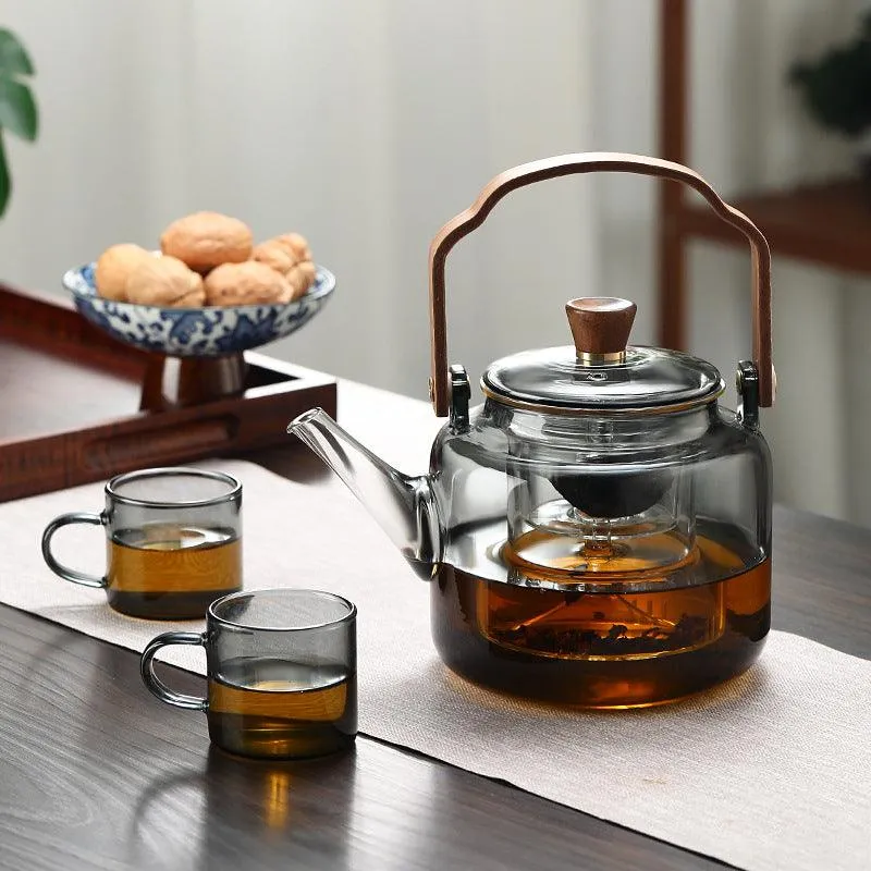 Glass Teapot Wood Handle | Smoked Glass Tea Brewing Pot