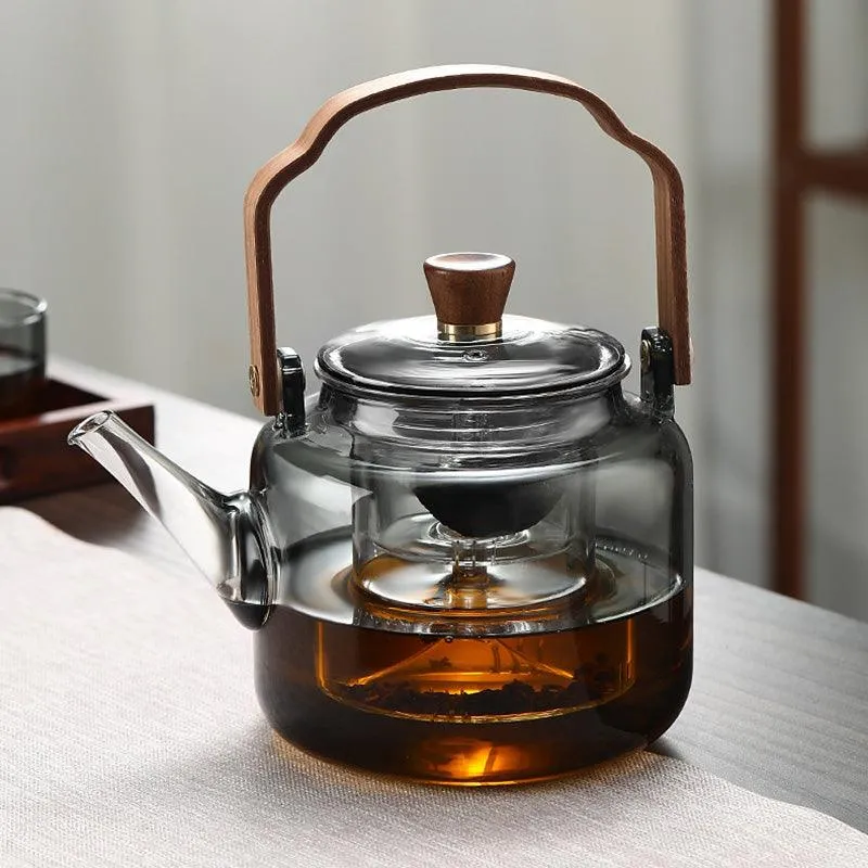 Glass Teapot Wood Handle | Smoked Glass Tea Brewing Pot