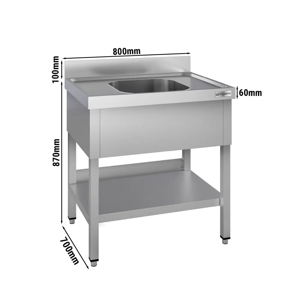 Stålbord med vask til gryder ECO - 0,8m - 1 vask - L 50 x B 50 x D 30 cm