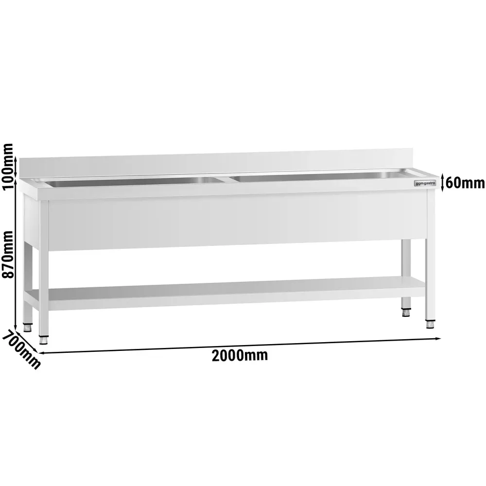 Stålbord med vasker til gryder med underhylde EXCLUSIVE - 2,0 m - 2 vaske L 90 x B 50 x D 35 cm