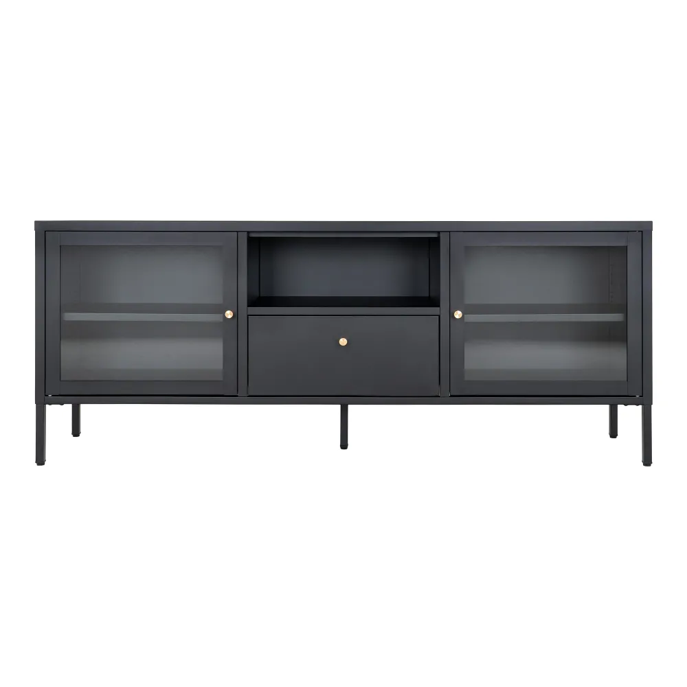 Dalby Tv-Bænk - Tv-Bænk, 2 Glaslåger, 1 Skuffe, Hardened, Sort 150X35X60