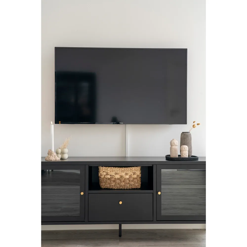 Dalby Tv-Bænk - Tv-Bænk, 2 Glaslåger, 1 Skuffe, Hardened, Sort 150X35X60