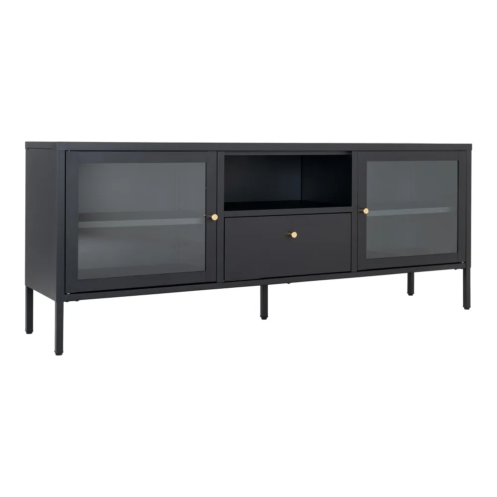 Dalby Tv-Bænk - Tv-Bænk, 2 Glaslåger, 1 Skuffe, Hardened, Sort 150X35X60