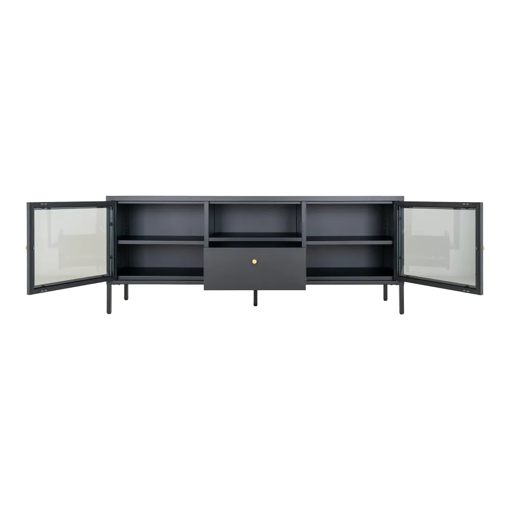 Dalby Tv-Bænk - Tv-Bænk, 2 Glaslåger, 1 Skuffe, Hardened, Sort 150X35X60