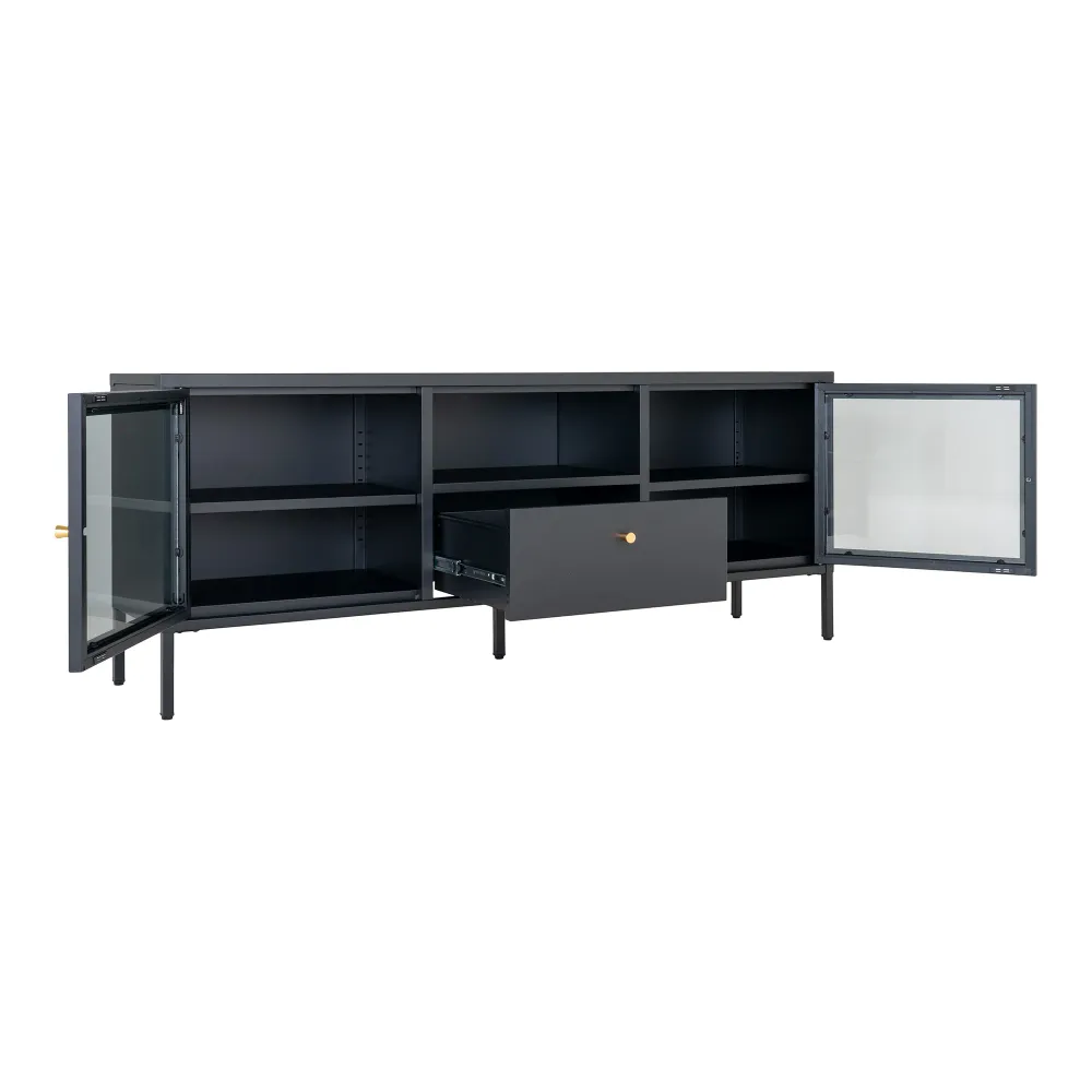 Dalby Tv-Bænk - Tv-Bænk, 2 Glaslåger, 1 Skuffe, Hardened, Sort 150X35X60