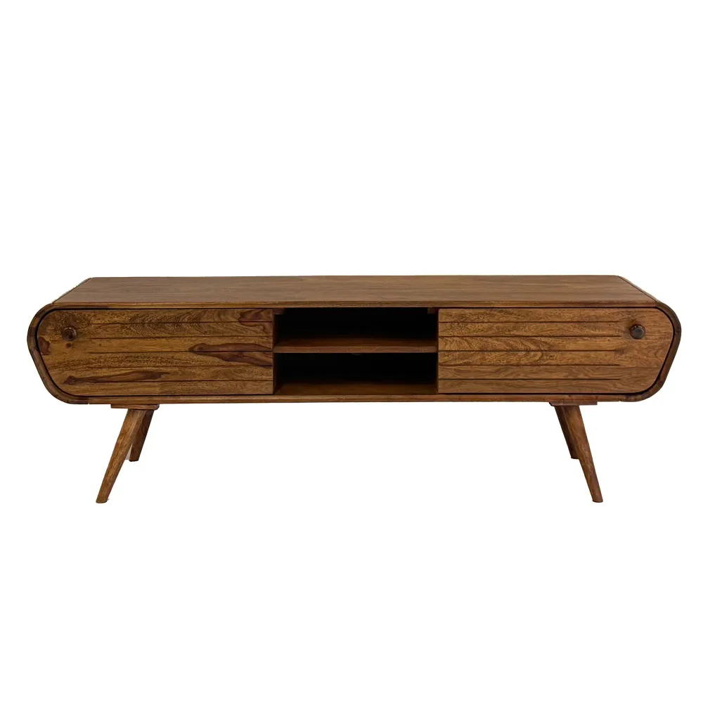 Tv-bord i massivt træ, 160 cm, 2 skuffer og åbne rum, smukt throwback designer look
