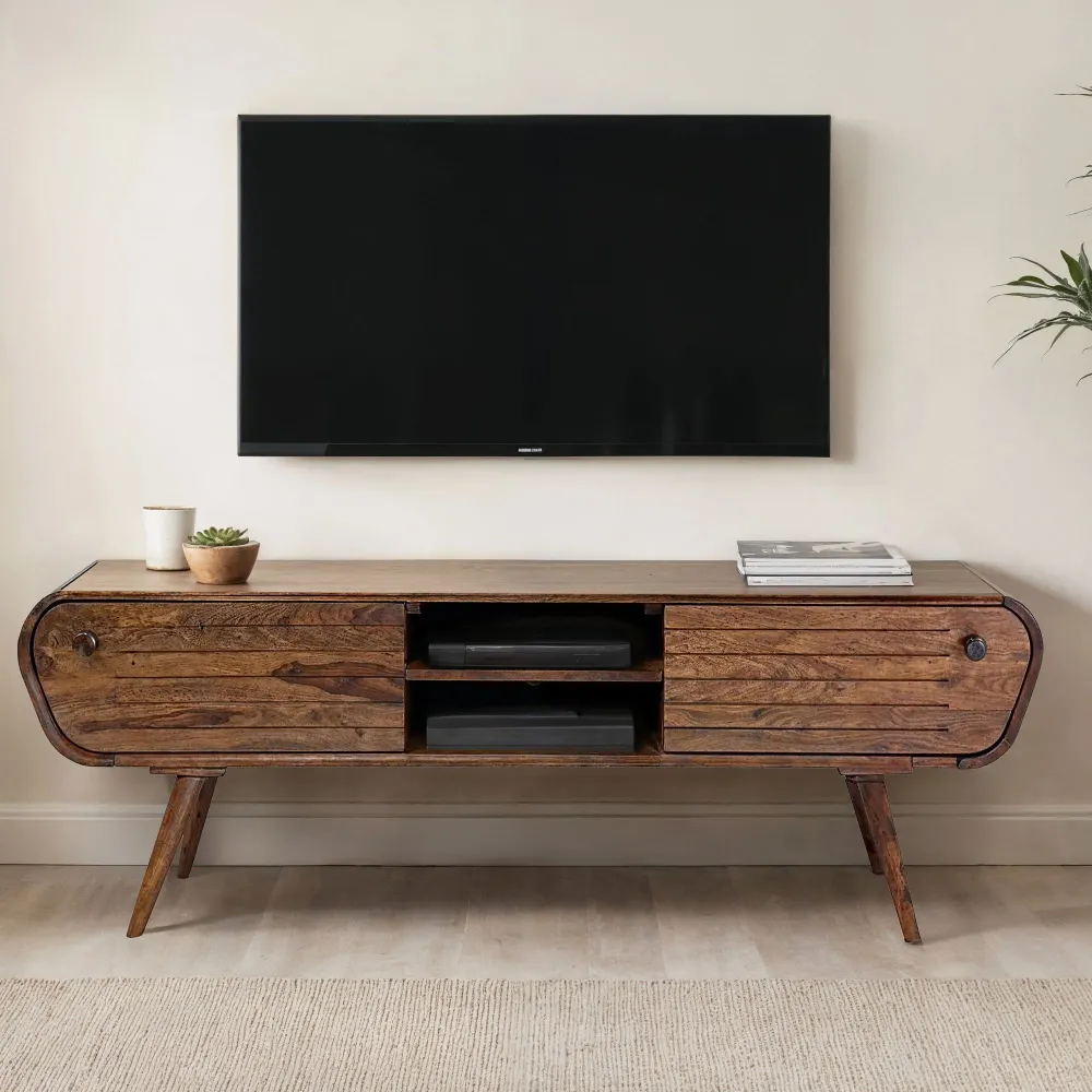 Tv-bord i massivt træ, 160 cm, 2 skuffer og åbne rum, smukt throwback designer look