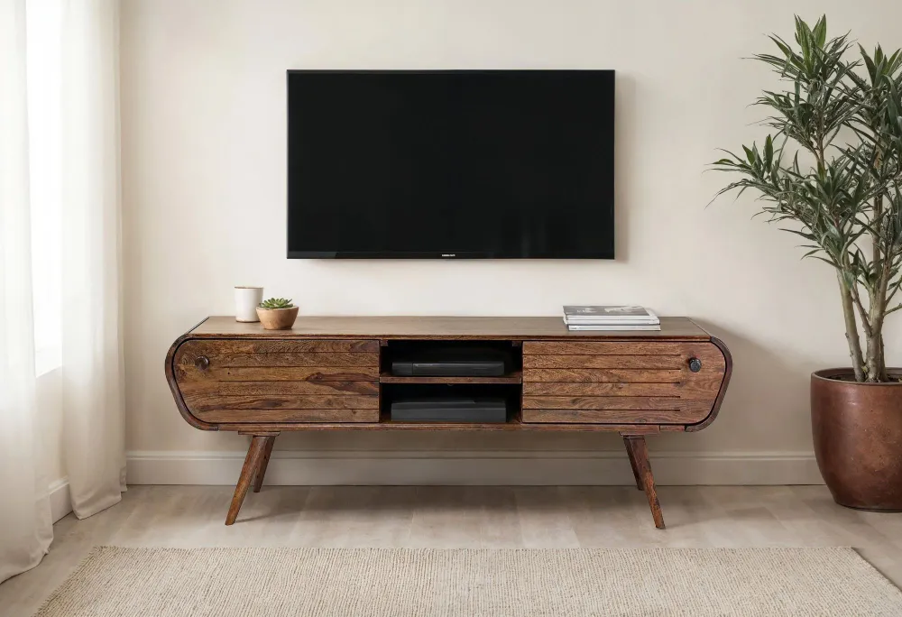 Tv-bord i massivt træ, 160 cm, 2 skuffer og åbne rum, smukt throwback designer look