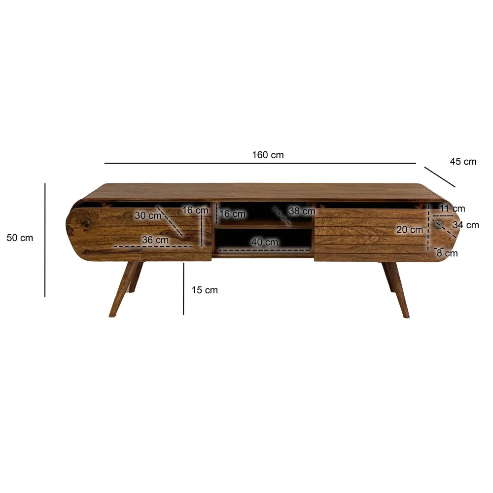 Tv-bord i massivt træ, 160 cm, 2 skuffer og åbne rum, smukt throwback designer look