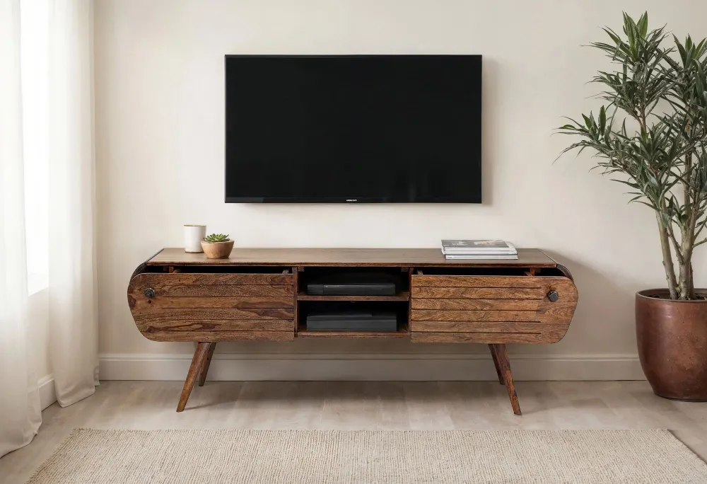 Tv-bord i massivt træ, 160 cm, 2 skuffer og åbne rum, smukt throwback designer look