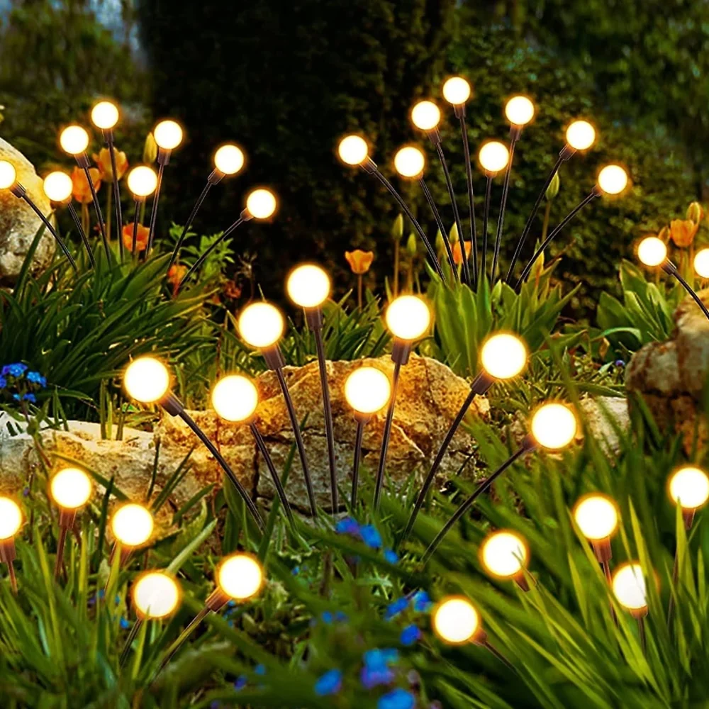 Ildfluelys til haven (2-pak) – Solcellelamper på spyd, 70 cm, 6 LED