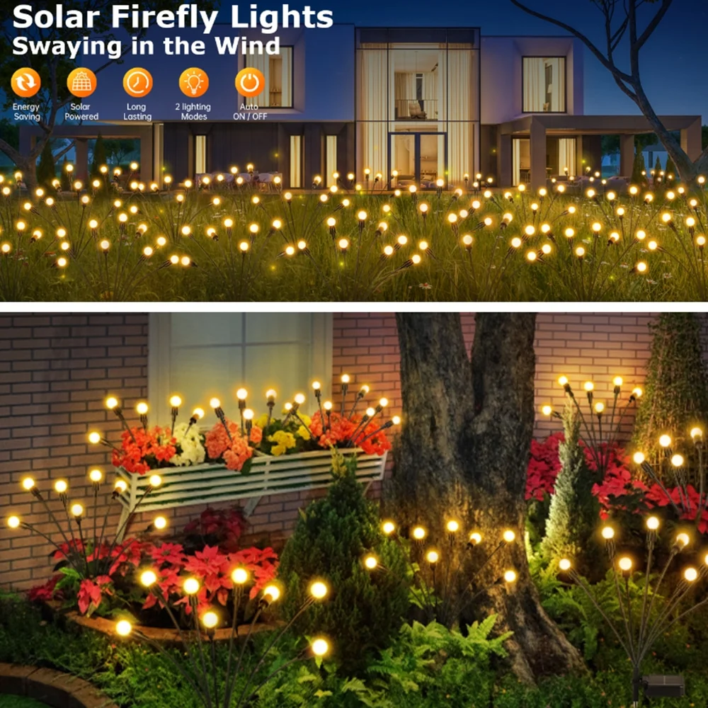 Ildfluelys til haven (2-pak) – Solcellelamper på spyd, 70 cm, 6 LED