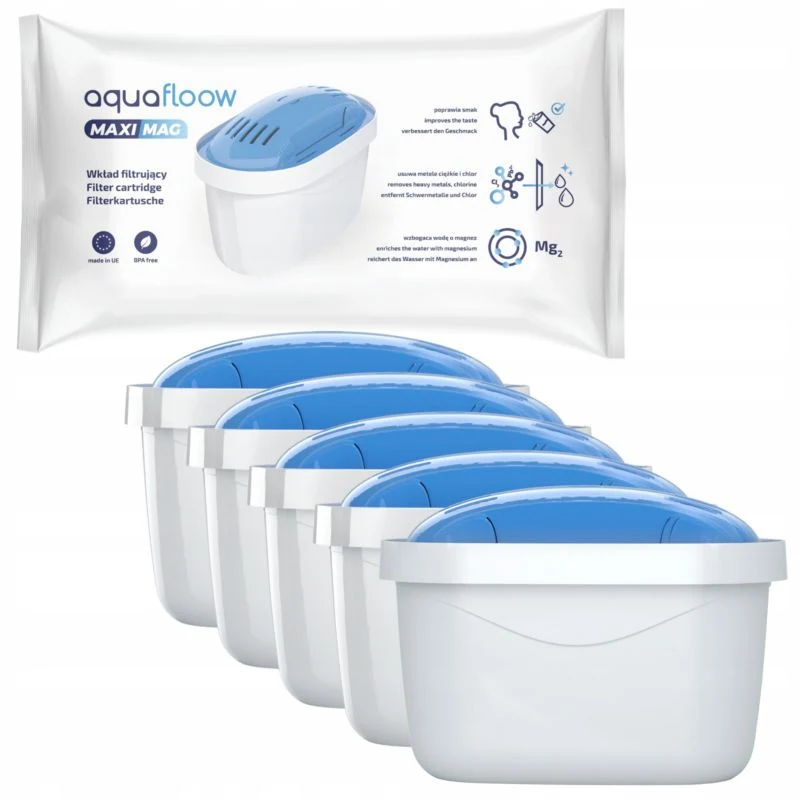 AquaFloow MaxiMag vandfilter til filterkander med lightweight metal, erstatning Brita og Dafi, 5 stk.