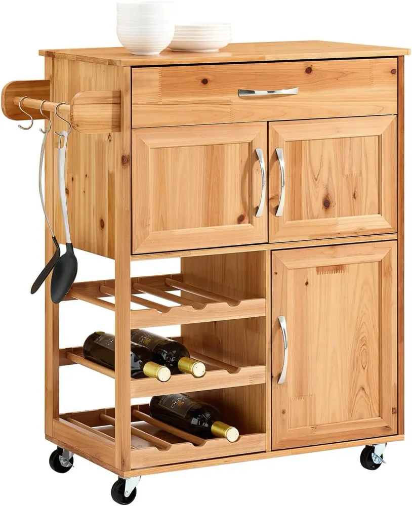 Køkkenvogn med hjul og vinreol, heritage naturfarvet, 67x88x37 cm