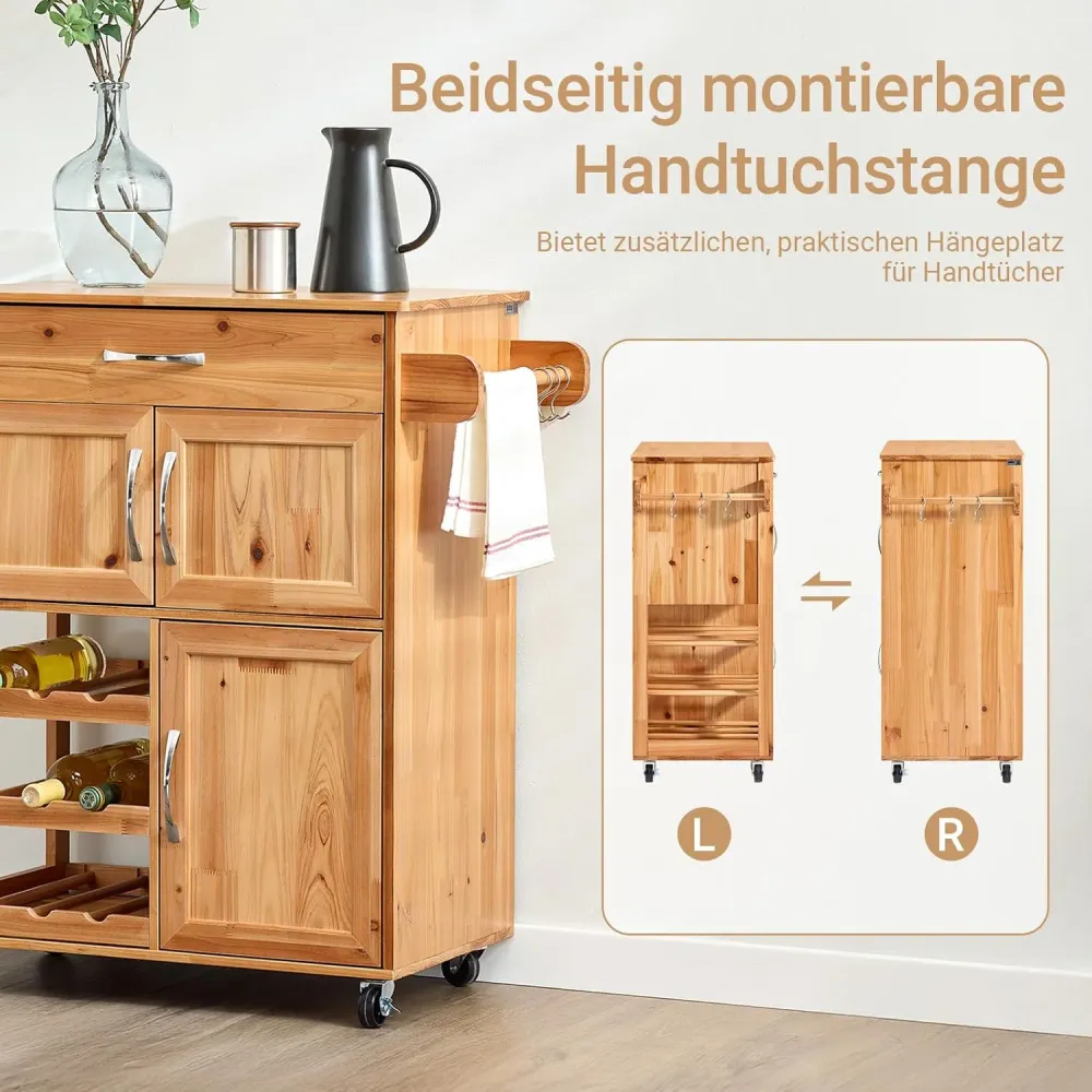 Køkkenvogn med hjul og vinreol, heritage naturfarvet, 67x88x37 cm