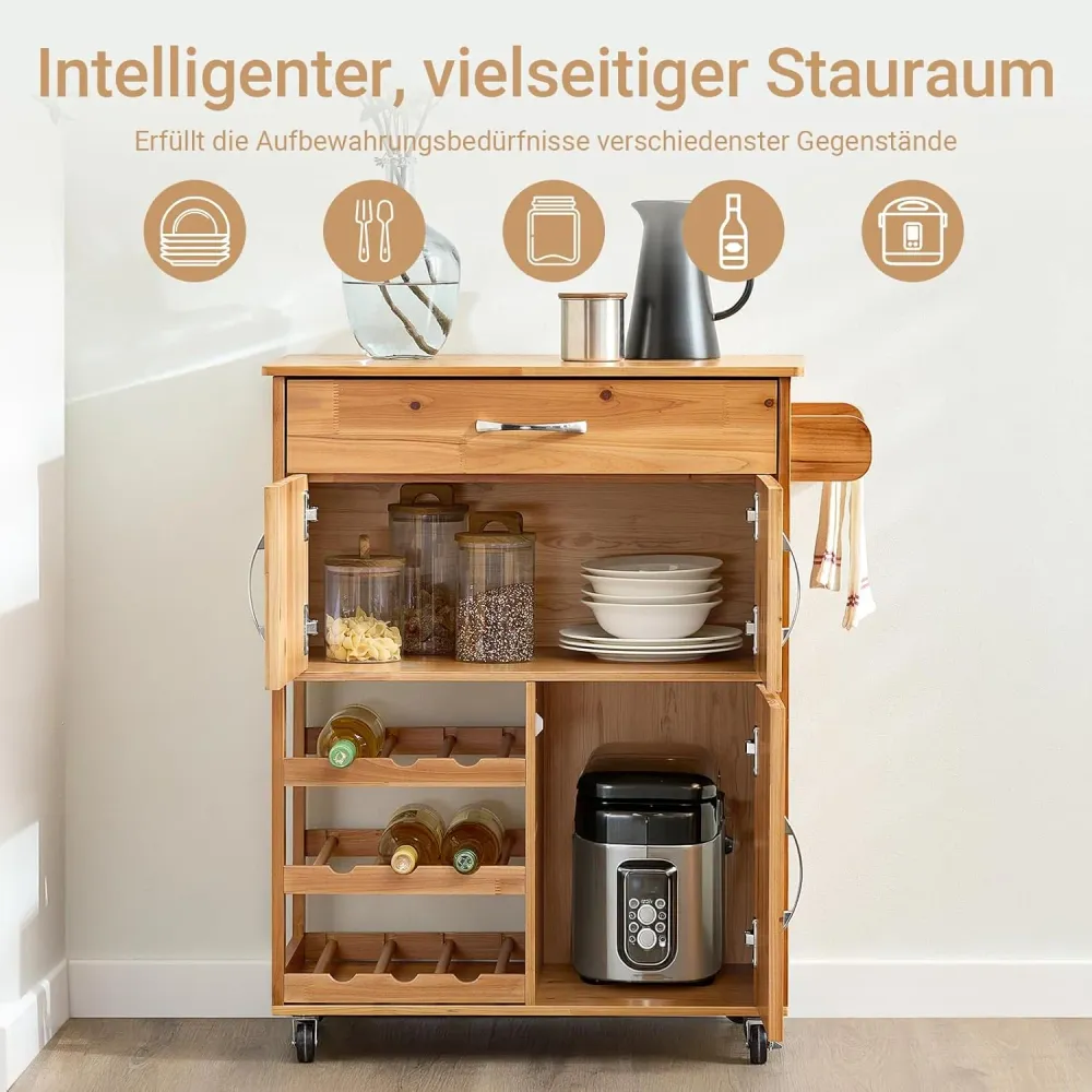 Køkkenvogn med hjul og vinreol, heritage naturfarvet, 67x88x37 cm