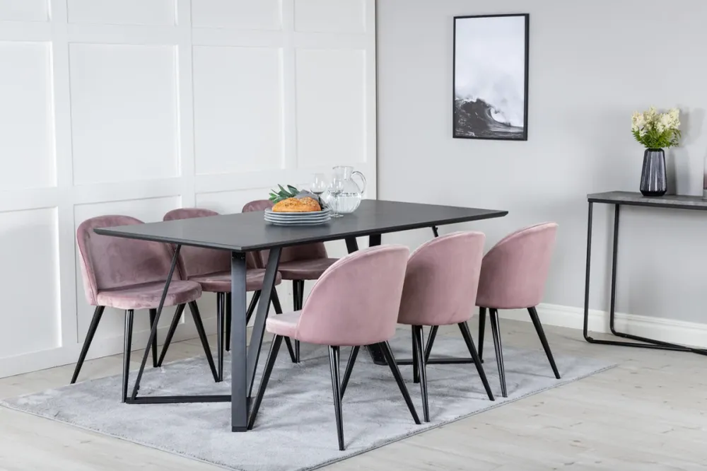 Marina Spisebord 180 x 90 Midnight & 6 stk Velvet Spisebordsstole Dusty Pink