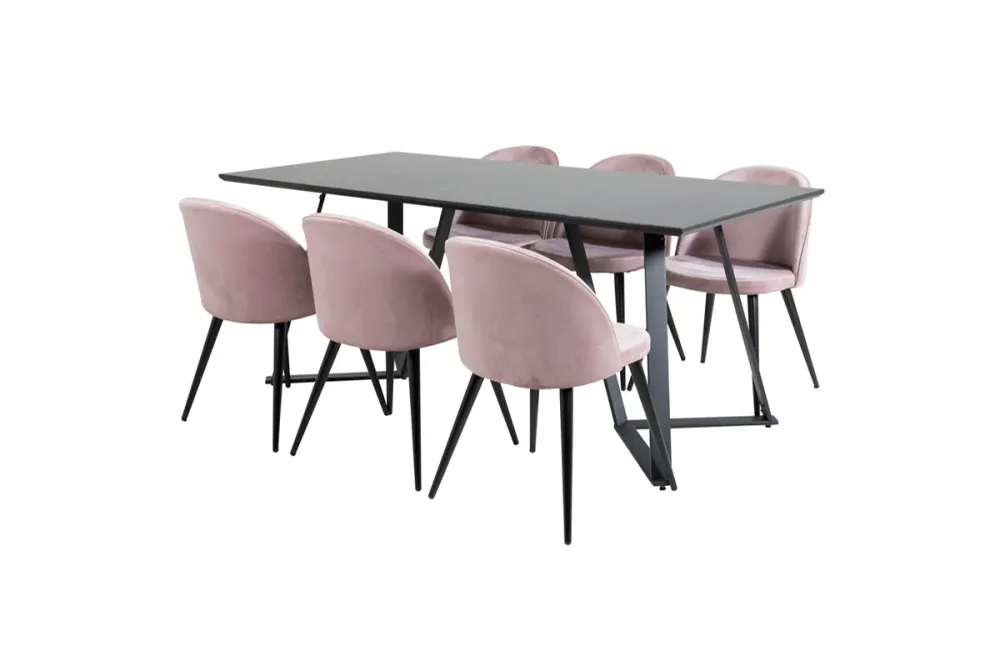 Marina Spisebord 180 x 90 Midnight & 6 stk Velvet Spisebordsstole Dusty Pink
