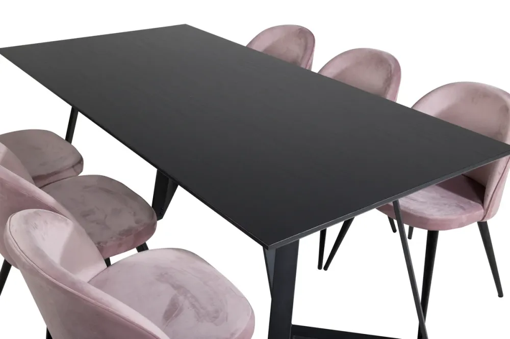 Marina Spisebord 180 x 90 Midnight & 6 stk Velvet Spisebordsstole Dusty Pink