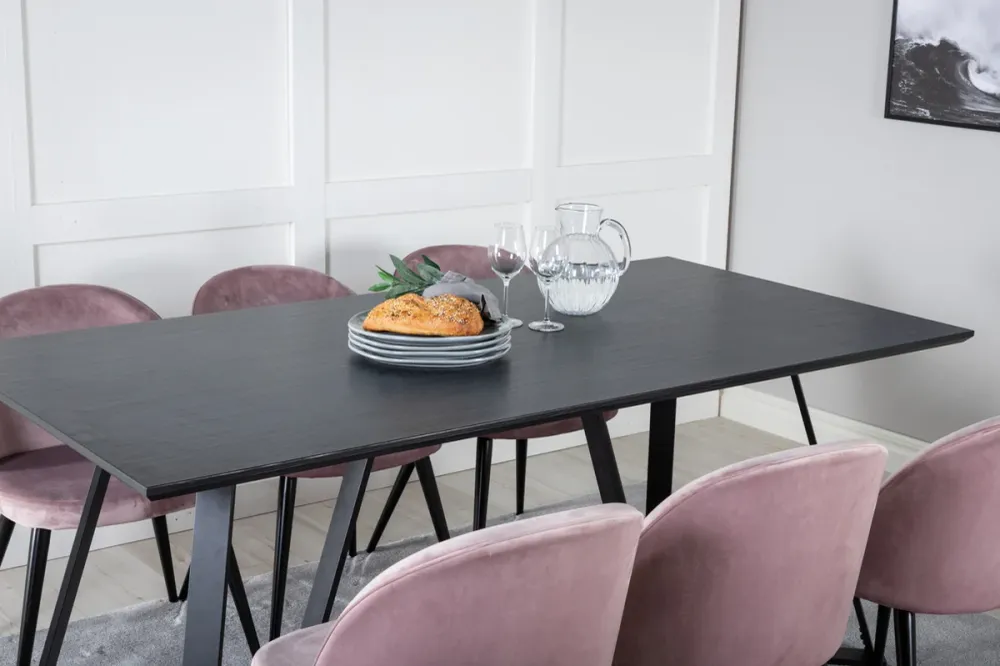 Marina Spisebord 180 x 90 Midnight & 6 stk Velvet Spisebordsstole Dusty Pink