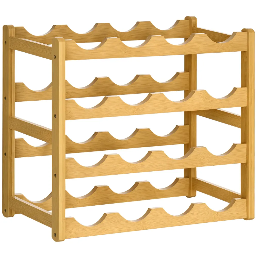 Bambus vinreol til 16 vinflasker, 4 hylder, 43 cm x 23,5 cm x 38 cm naturfarvet
