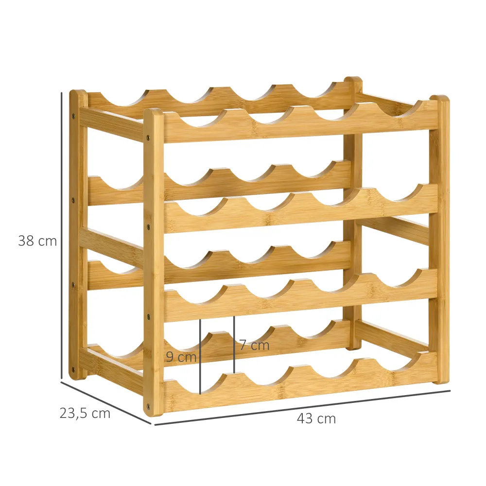 Bambus vinreol til 16 vinflasker, 4 hylder, 43 cm x 23,5 cm x 38 cm naturfarvet