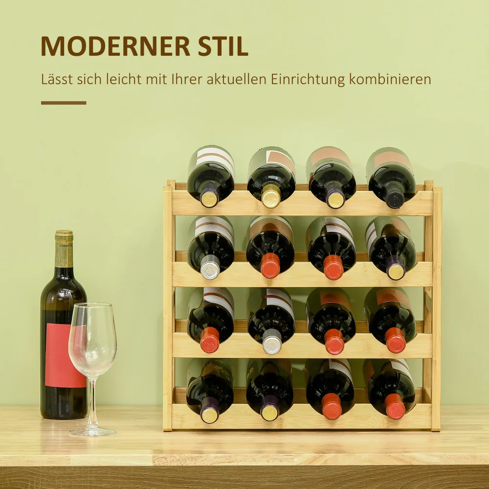 Bambus vinreol til 16 vinflasker, 4 hylder, 43 cm x 23,5 cm x 38 cm naturfarvet