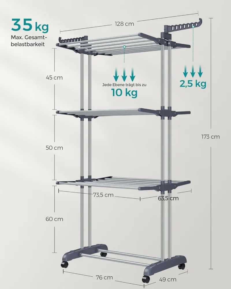 Foldbart tørrestativ med vinger og hjul, 63,5 x 128 x 173 cm, stort og quickly at samlem grå