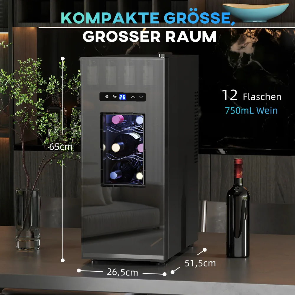 Vinkøler til 12 flasker med glasdør, drikkevarekøler med led-lys, touchskærm, ebony
